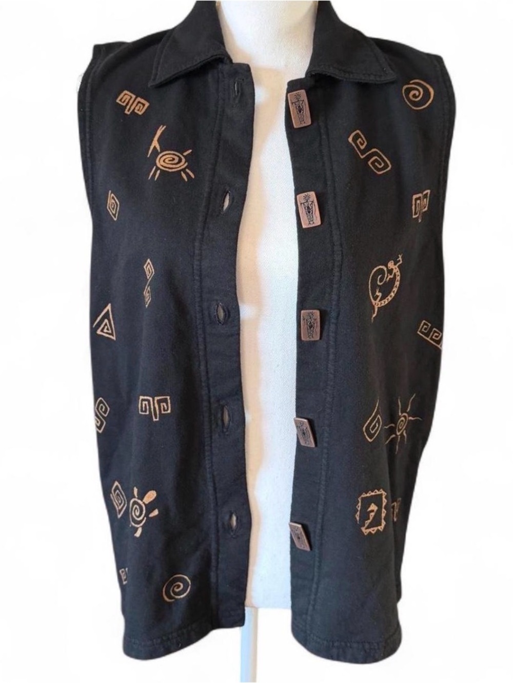 Vtg 90s BFOFO Black Sleeveless Vest Whimsical Animal Print Carved Button Size S